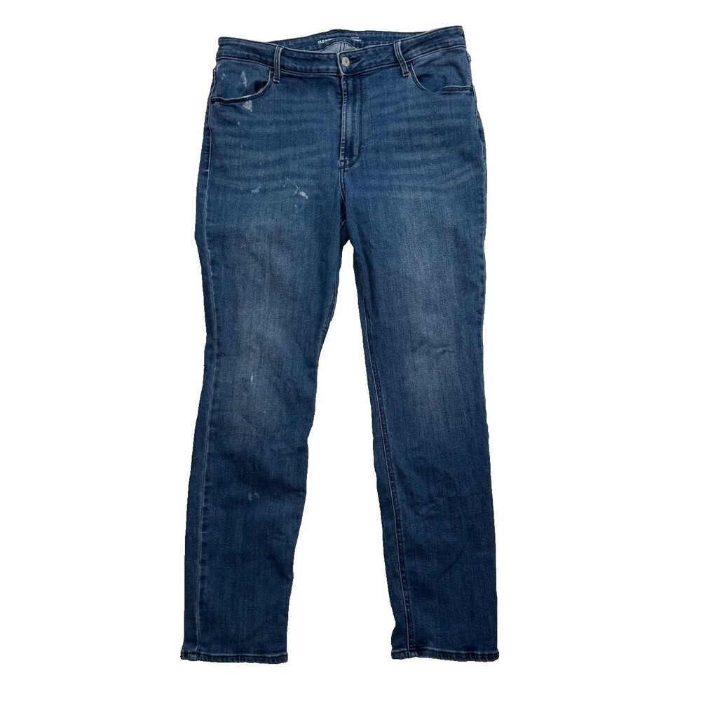 Old Navy High Rise Straight Jeans 16 Distressed Bleach Medium Wash Stretch Denim